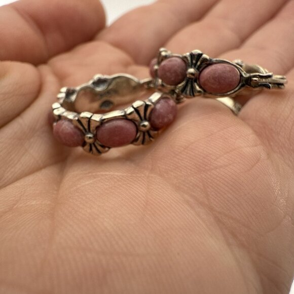 Shube Hoop Earrings Pink Rhodonite Dakota West Sterling Silver Hoops Cabochon - Picture 8 of 9